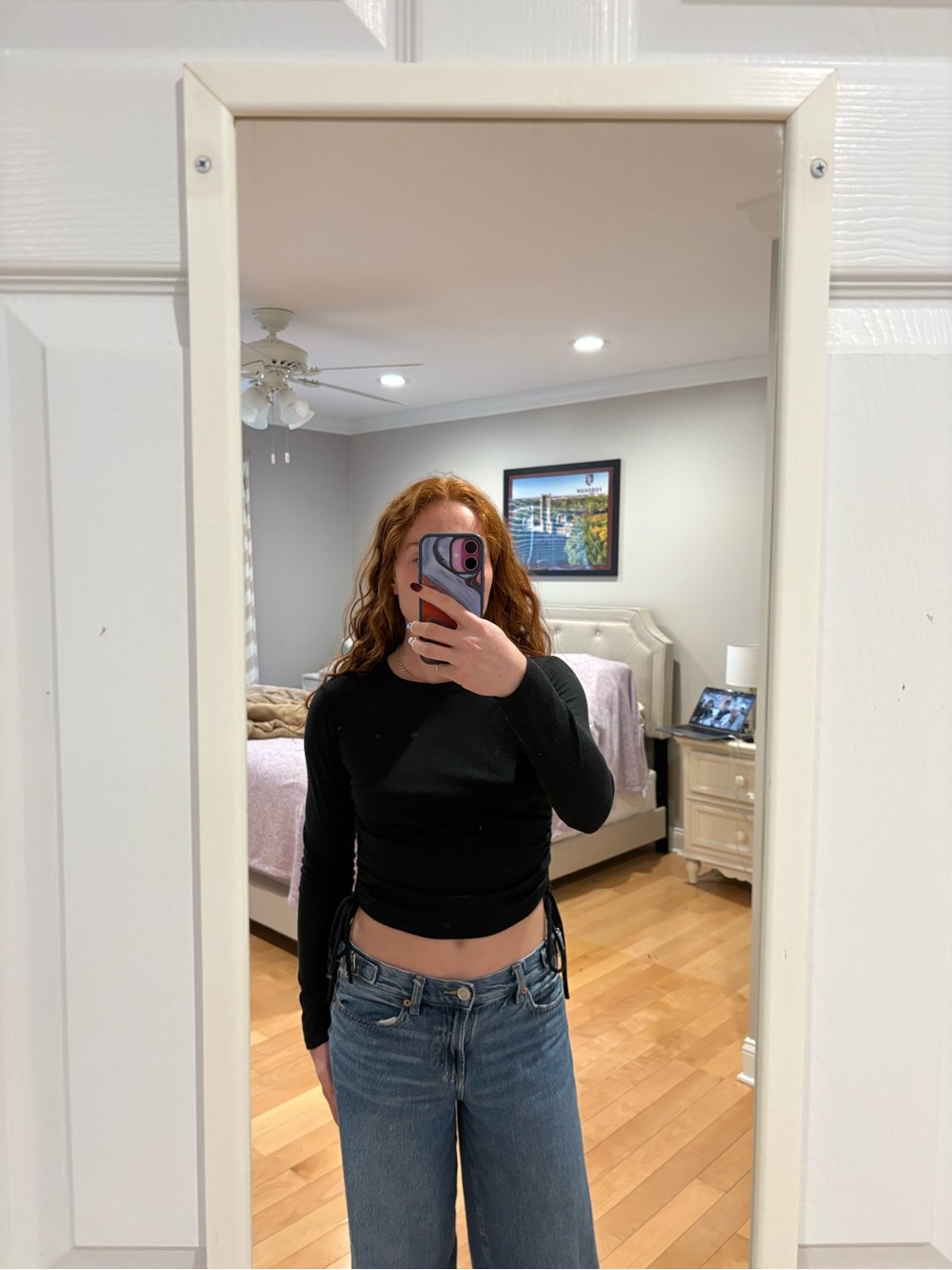 Windsor Black Long-Sleeve Ruched Side Tee